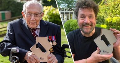 Captain Tom Moore and his singing partner – and favourite singer – Michael Ball show off their Number One charts award after their cover of You'll Never Walk Alone debuted at Number 1. Photo courtesy Official Charts web site.