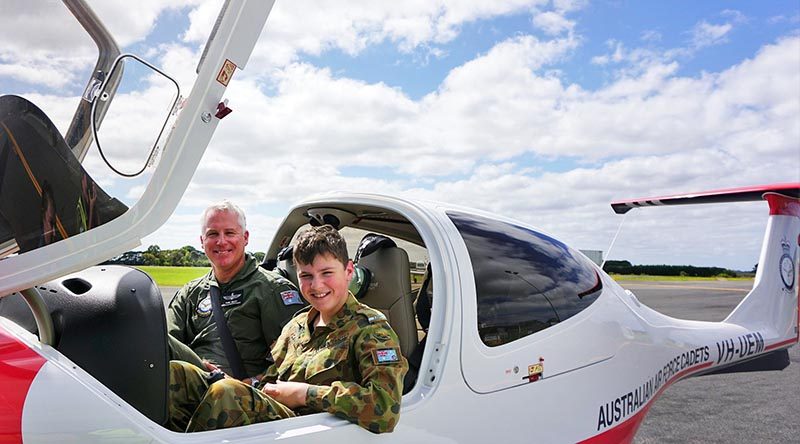 Cadet Aaron Cahill with his instructor Pilot Officer (AAFC) Chris Hulley from the AAFC’s Elementary Flying Training School. Photo by PLTOFF(AAFC) Jane McDonald.