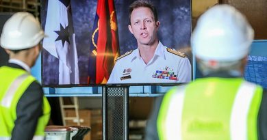 Chief of Navy Vice Admiral Michael Noonan addresses the keel laying ceremony for offshore patrol vessel 2 NUSHIP Eyre via video link. Photo by Russell Millard.