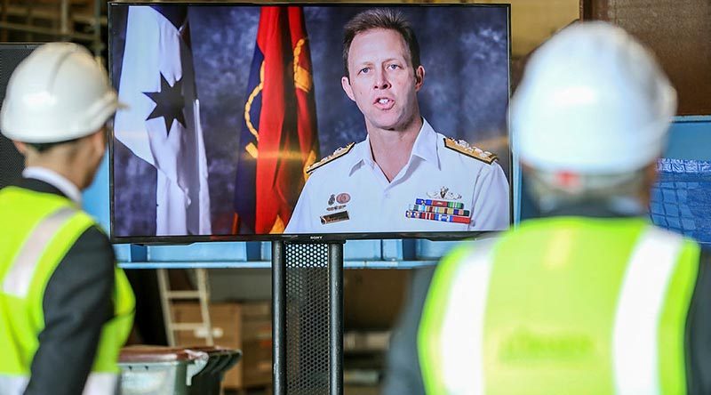 Chief of Navy Vice Admiral Michael Noonan addresses the keel laying ceremony for offshore patrol vessel 2 NUSHIP Eyre via video link. Photo by Russell Millard.