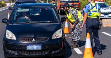 Leading Seaman Toby Pink from Naval Engineering Systems Centre in HMAS Stirling assists Western Australian Police Officer Constable Hanna Laundry from Rockingham Police Station to conduct a traffic stop on the Forest Highway in Lake Clifton as part of the ADF's support to the Western Australian governent during COVID-19. Photo by Leading Seaman Ronnie Baltoft.