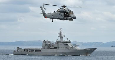 HMNZS Otago, pictured with a Seasprite helicopter hovering overhead, is one of four Royal New Zealand Navy ships that will be visible in the Hauraki Gulf over the next few weeks as they carry out training essential to maritime operations. RNZN photo.