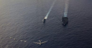 USS Theodore Roosevelt exercises with US Air Force out of Kadena Air Base, Japan, on 20 March 2020. Photo from USS Theodore Roosevelt Facebook page.