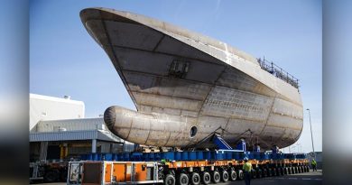 One half of the future HMAS Arafura is transports to meet its aft half.