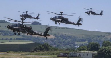 Four British Army Apache attack helicopters operated from Wattisham Flying Station in Suffolk. Photo by Richie Willis, copyright British Ministry of Defence.