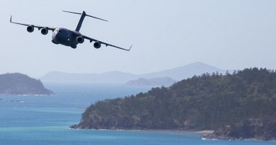 A C-17A Globemaster III conducts low-level flying along the Queensland coast. Photo by Corporal Nicci Freeman.