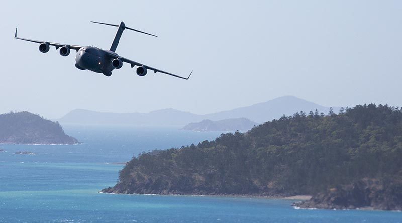 A C-17A Globemaster III conducts low-level flying along the Queensland coast. Photo by Corporal Nicci Freeman.