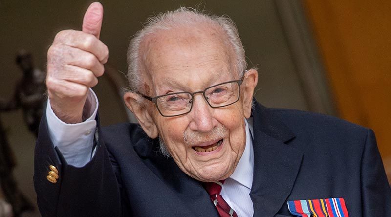 Soon-to-be Captain Sir Thomas Moore celebrating on his 100th birthday. Photo by Corporal Robert Weideman, copyright UK MoD 2020.