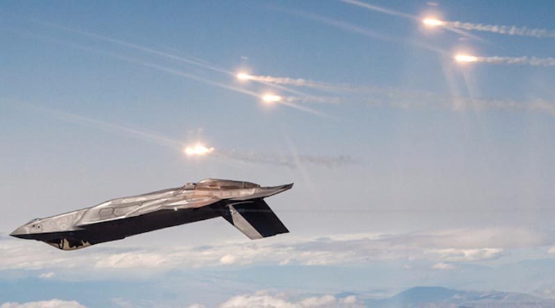 An F-35 prototype releases infrared countermeasure flares during test flights near Edwards AFB. Lockheed Martin photo.