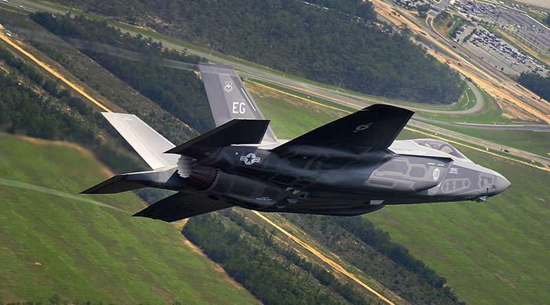 An F-35 set up for landing at Eglin Air Force Base, Florida. US Air Force photo by Staff Sergeant Joely Santiago.