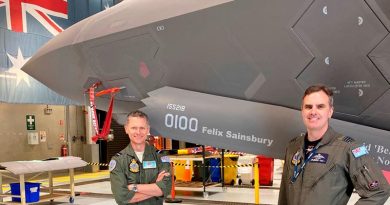 Commander Air Combat Group Air Commodore Tim Alsop and Commanding Officer No. 3 Squadron Wing Commander Darren Clare show off the front of Joint Strike Fighter A35-010, temporarily rebranded in celebration of Felix Sainsbury's 100th birthday.