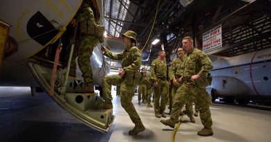 Personnel from 176 Air Dispatch Squadron board a C-130 Hercules training aid at RAAF Base Richmond. Photo by Corporal Oliver Carter.