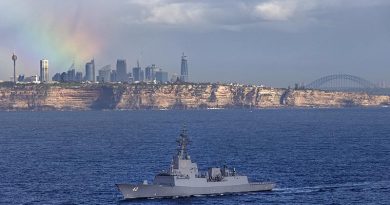 NUSHIP Sydney off the coast of Sydney, NSW, shortly before her historic commissioning at sea. Photo by Able Seaman Jarrod Mulvihill.