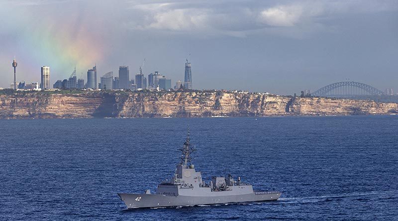 NUSHIP Sydney off the coast of Sydney, NSW, shortly before her historic commissioning at sea. Photo by Able Seaman Jarrod Mulvihill.