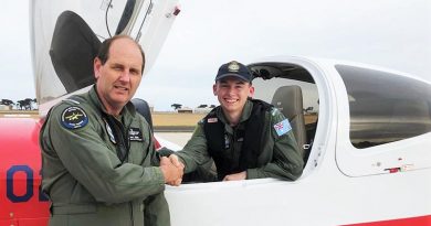 Lachlan Davis from 428 Squadron, a Cadet Sergeant at the time, is congratulated by his instructor WGCDR (AAFC) Stephen Pepper, Officer Commanding Aviation Operations Wing, following his first solo flight in the Diamond DA40 NG on 18 April 2019. Image supplied by the Elementary Flying Training School, Point Cook.