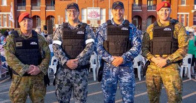Sergeant Dean Jennings, Leading Seaman Rowan Campbell, Corporal Istvan Gonda and Corporal Dylan Stanley from Joint Military Police Station - Perth at the Sunset Military Spectacular at the Australian Army Museum of Western Australia in Fremantle. Photo by Leading Seaman Ernesto Sanchez.