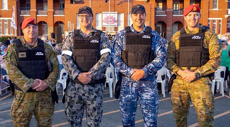 Sergeant Dean Jennings, Leading Seaman Rowan Campbell, Corporal Istvan Gonda and Corporal Dylan Stanley from Joint Military Police Station - Perth at the Sunset Military Spectacular at the Australian Army Museum of Western Australia in Fremantle. Photo by Leading Seaman Ernesto Sanchez.