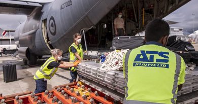 A Royal New Zealand Air Force C-130H Hercules delivering supplies including tarpaulins, tools, generators and personal hygiene kits to Fiji after Tropical Cyclone Harold. NZDF photo.