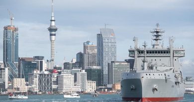 Aotearoa sails into Auckland Harbour for the first time. Photo from NZDF Facebook page.