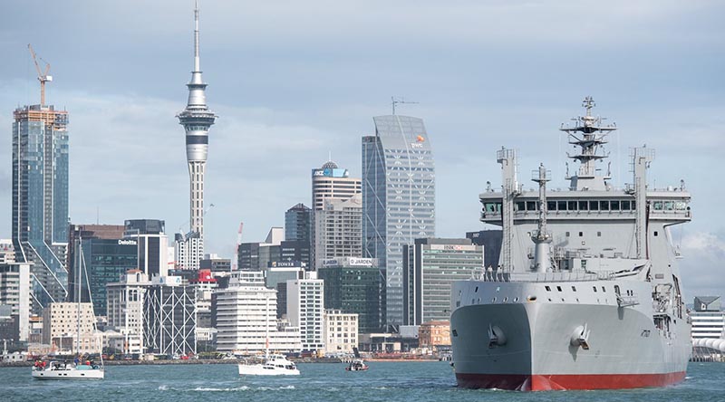 Aotearoa sails into Auckland Harbour for the first time. Photo from NZDF Facebook page.