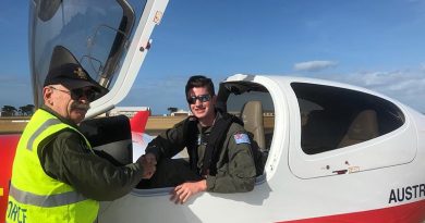 Leading Cadet Luke Gould from 403 Squadron is congratulated by his instructor SQNLDR Gary Presneill, EFTS Head of Operations following his first solo flight in the Diamond DA40 NG on 18 April 2019. Photo supplied by the Elementary Flying Training School, Point Cook.