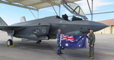 Squadron Leader Chris Myles, left, the Australian Participant Maintenance Lead at Luke Air Force Base in Arizona, and pilot Flight Lieutenant Adrian Herenda, with the F-35A A35-001 after the aircraft reached 1000 flying hours. Story by Alisha Welch.