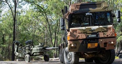 A MAN HX77 truck tows a M777A1 155mm Howitzer during a Gun Tow Drivers Course run by soldiers from the 1st Regiment, Royal Australian Artillery, at Gallipoli Barracks, Brisbane. Photo by Trooper Jonathan Goedhart.