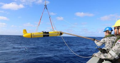 HMAS Melville crewmembers deploy a Slocum Glider.