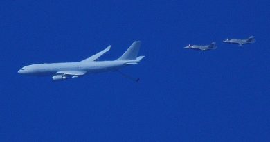 A pair of F-35A Lightning II fighter aircraft from RAAF Base Williamtown marry up with an KC-30A multi-role tanker transport over Taree NSW. Photo by Bill Mastrippolito from Facebook.