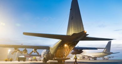 A Royal New Zealand Air Force C130H Hercules prepares to deliver cyclone relief supplies to Vanuatu. NZDF photo.