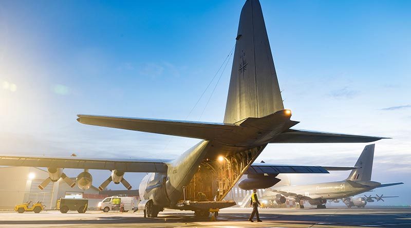 A Royal New Zealand Air Force C130H Hercules prepares to deliver cyclone relief supplies to Vanuatu. NZDF photo.