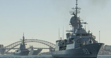 HMAS Stuart leads HMA Ships Hobart and Canberra out of Sydney Harbour as seven Aussie warships depart head to sea. Photo by Able Seaman Benjamin Ricketts.