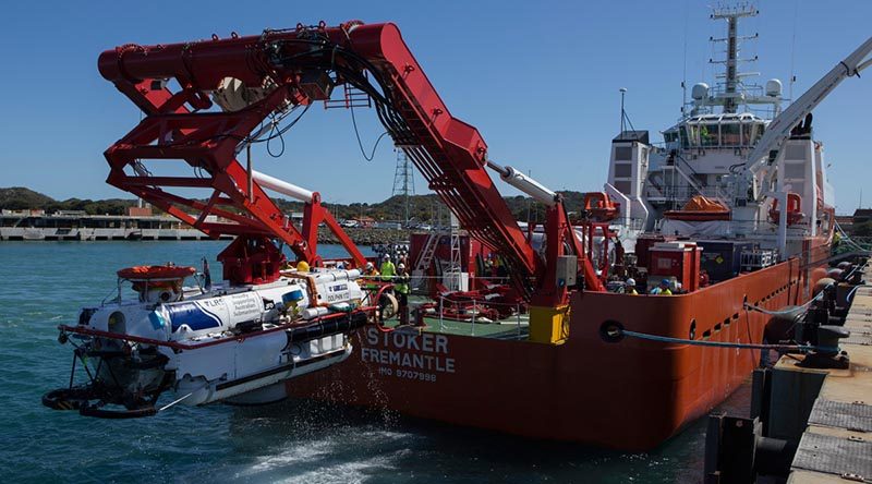 The submarine rescue vessel LR5 is recovered on to the work deck of MV Stoker from the basin at Fleet Base - West after a systems test run during Ex Black Carillon 2016. Photo by Leading Seaman Bradley Darvill.