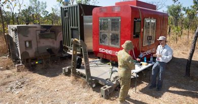 A WarpSPEE3D 3D printer deployed at Mount Bundey Training Area, NT. Photo by Petty Officer Peter Thompson.