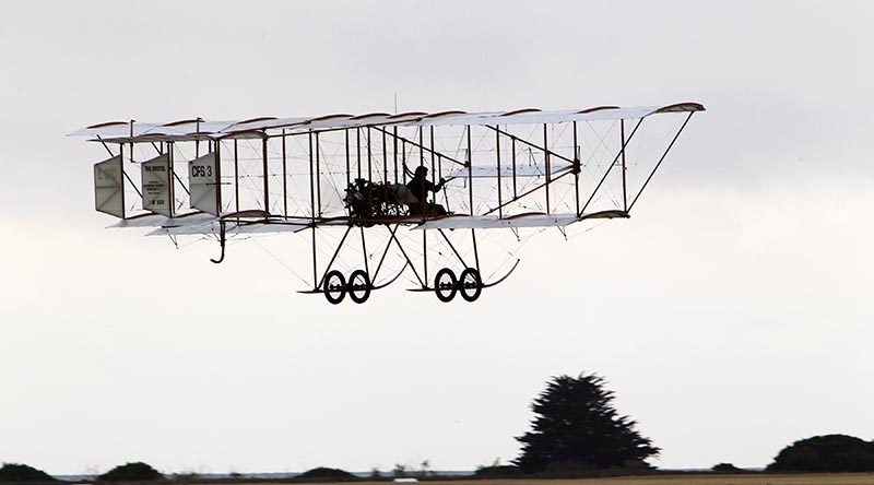 A Bristol Boxkite replica, built to commemorate 100 years of military aviation in Australia climbs into the morning sky over RAAF Williams - Point Cook. Photo by Corporal David Said.