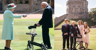 Queen Elizabeth confers the Honour of Knighthood on Captain Tom Moore at an investiture at Windsor Castle – and Sir Tom with proud family members after the ceremony. Photos courtesy The Royal Family.