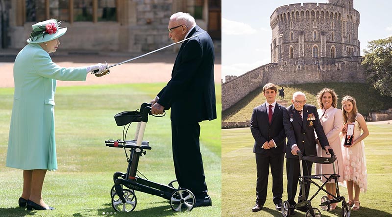 Queen Elizabeth confers the Honour of Knighthood on Captain Tom Moore at an investiture at Windsor Castle – and Sir Tom with proud family members after the ceremony. Photos courtesy The Royal Family.