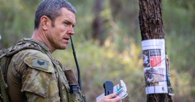 Sergeant Peter Byrnes, from the 8th/9th Battalion, Royal Australian Regiment, checks his notes during Exercise Ramsilience at Gallipoli Barracks, Brisbane. Photo by Trooper Jonathan Goedhart.