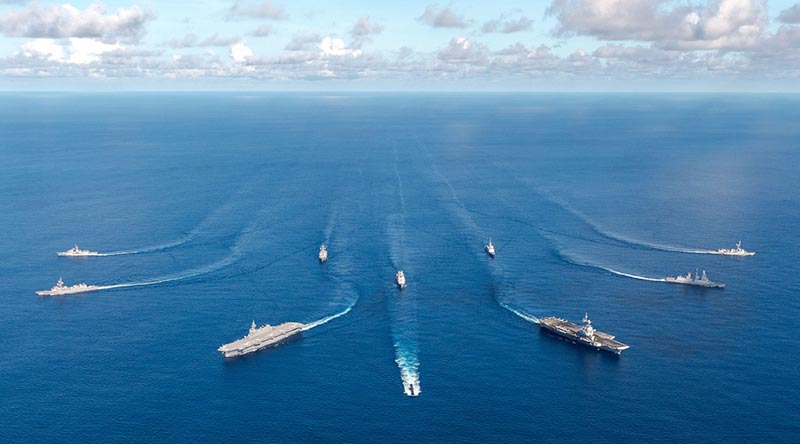 HMAS Toowoomba, HMAS Collins, USS William P. Lawrence, French ships Charles de Gaulle, Provence, Forbin, Latouche-Tréville, Marne and JFDF ships Izumo and Murasame in the Bay of Bengal during Exercise La Perouse 2019. Photo by Clarisse Dupont, Service d'Information et de Rela.