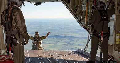 An Air Force Combat Controller, from No.4 Squadron, jumps off the ramp of a C-130J Hercules for a training mission during Exercise Havoc Drop. Photo by Corporal Dan Pinhorn.