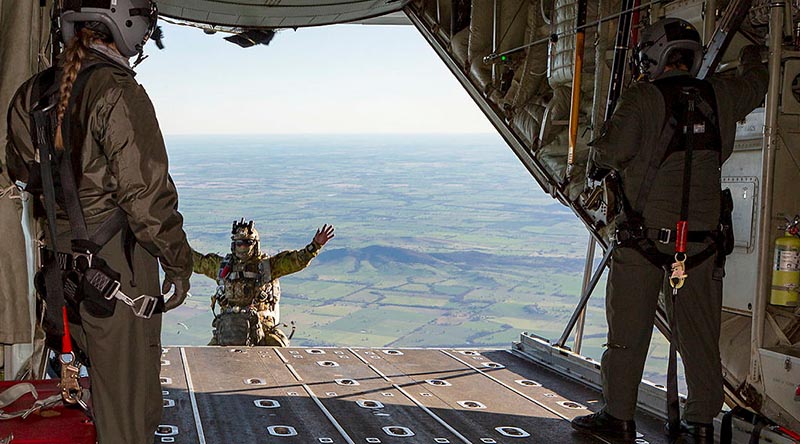 An Air Force Combat Controller, from No.4 Squadron, jumps off the ramp of a C-130J Hercules for a training mission during Exercise Havoc Drop. Photo by Corporal Dan Pinhorn.