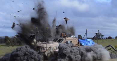 A Hawkei is subjected to a live-fire underbelly blast testing during trials in 2011.