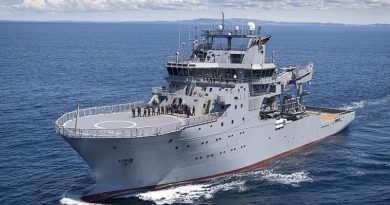 HMNZS Manawanui at sea for the first time under Royal New Zealand Navy Control, in the Hauraki Gulf. NZDF photo.