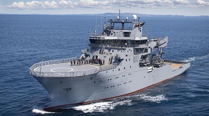 HMNZS Manawanui at sea for the first time under Royal New Zealand Navy Control, in the Hauraki Gulf. NZDF photo.