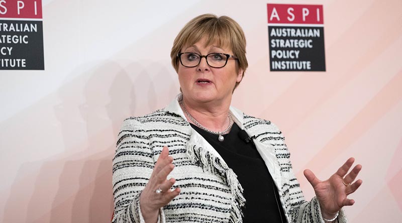 Minister for Defence Linda Reynolds addresses the Australian Strategic Policy Institute (ASPI) in Canberra. Photo by Kym Smith.