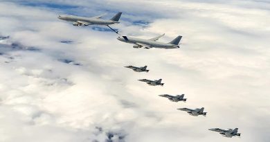 F/A-18A Hornets fly in formation with KC-30A multirole tanker transports enroute to Guam. RAAF photo.