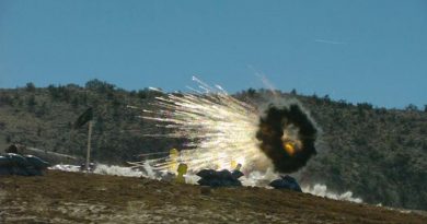 A 30mm airburst cartridge fired from a 30mm Bushmaster chain gun during a test, showcases the system’s ability to defeat man-type targets in defilade positions. Photo supplied by Northrop Grumman.