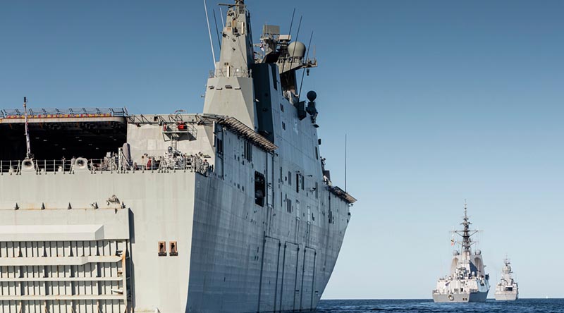 HMA Ships Canberra, Hobart and Stuart depart Sydney on a COVID-19 affected training mission. Photo by Able Seaman Benjamin Ricketts.