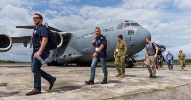 ADF reservists disembark a C-17A Globemaster from No. 36 Squadron in Malaysia, as part of Exercise Boss Lift 2019. Photo by Corporal Kyle Genner.