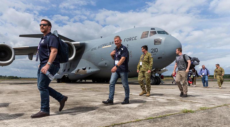 ADF reservists disembark a C-17A Globemaster from No. 36 Squadron in Malaysia, as part of Exercise Boss Lift 2019. Photo by Corporal Kyle Genner.